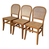 Ensemble de 3 chaises de salle à manger en bois vintage avec assise en cannage - milieu du siècle yougoslave