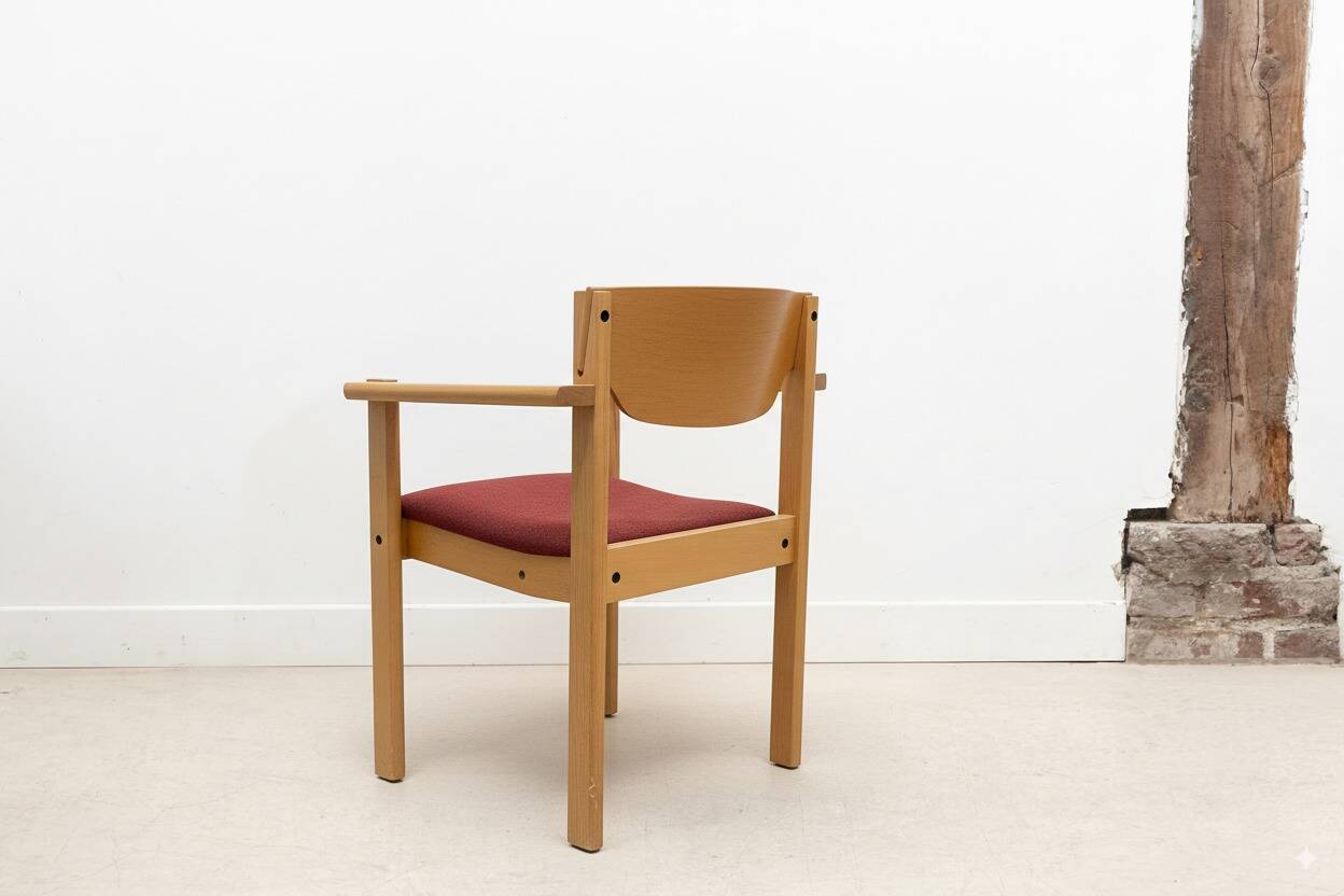 Scandinavian style oak and burgundy chair with armrests