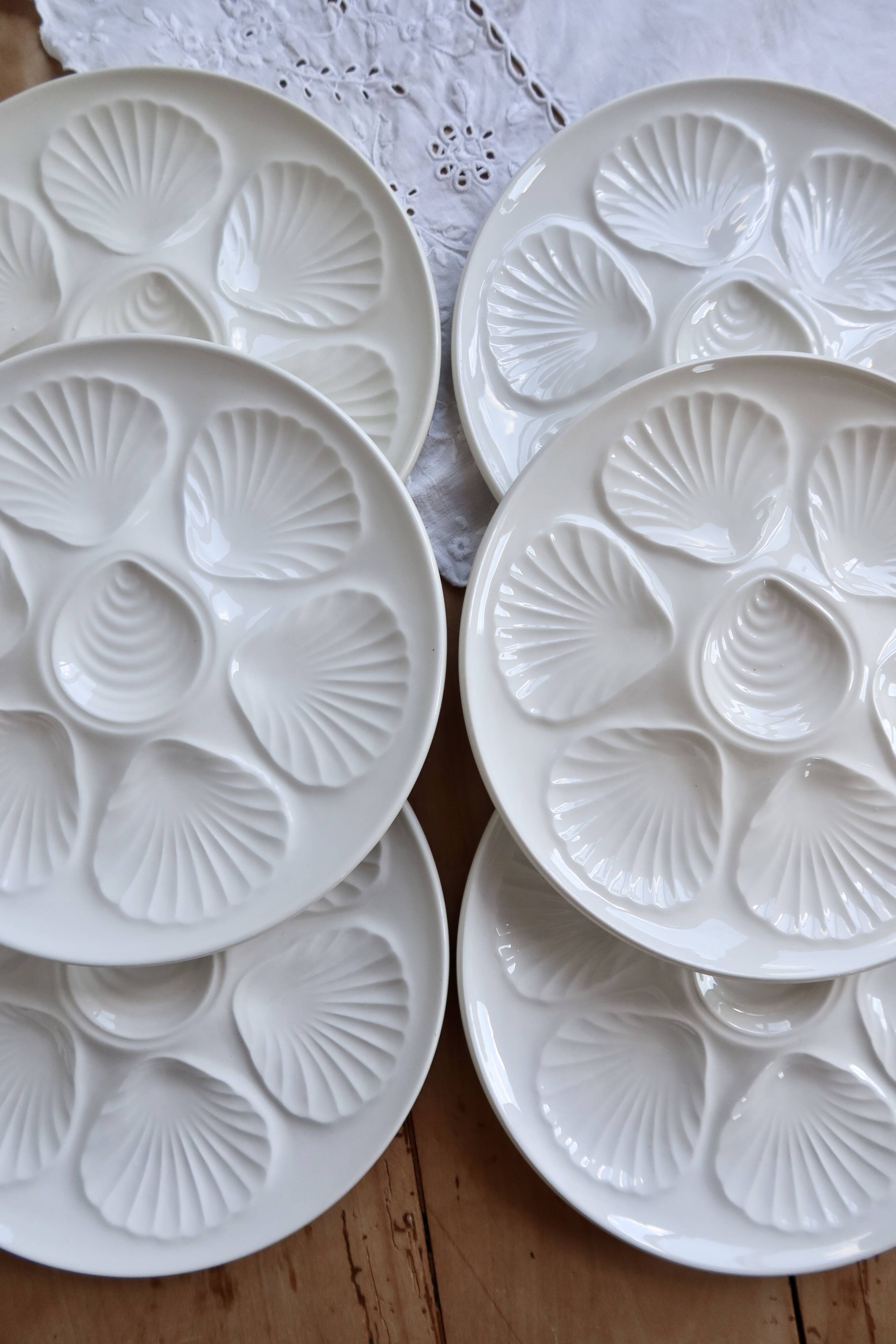 6 vintage white earthenware oyster plates
