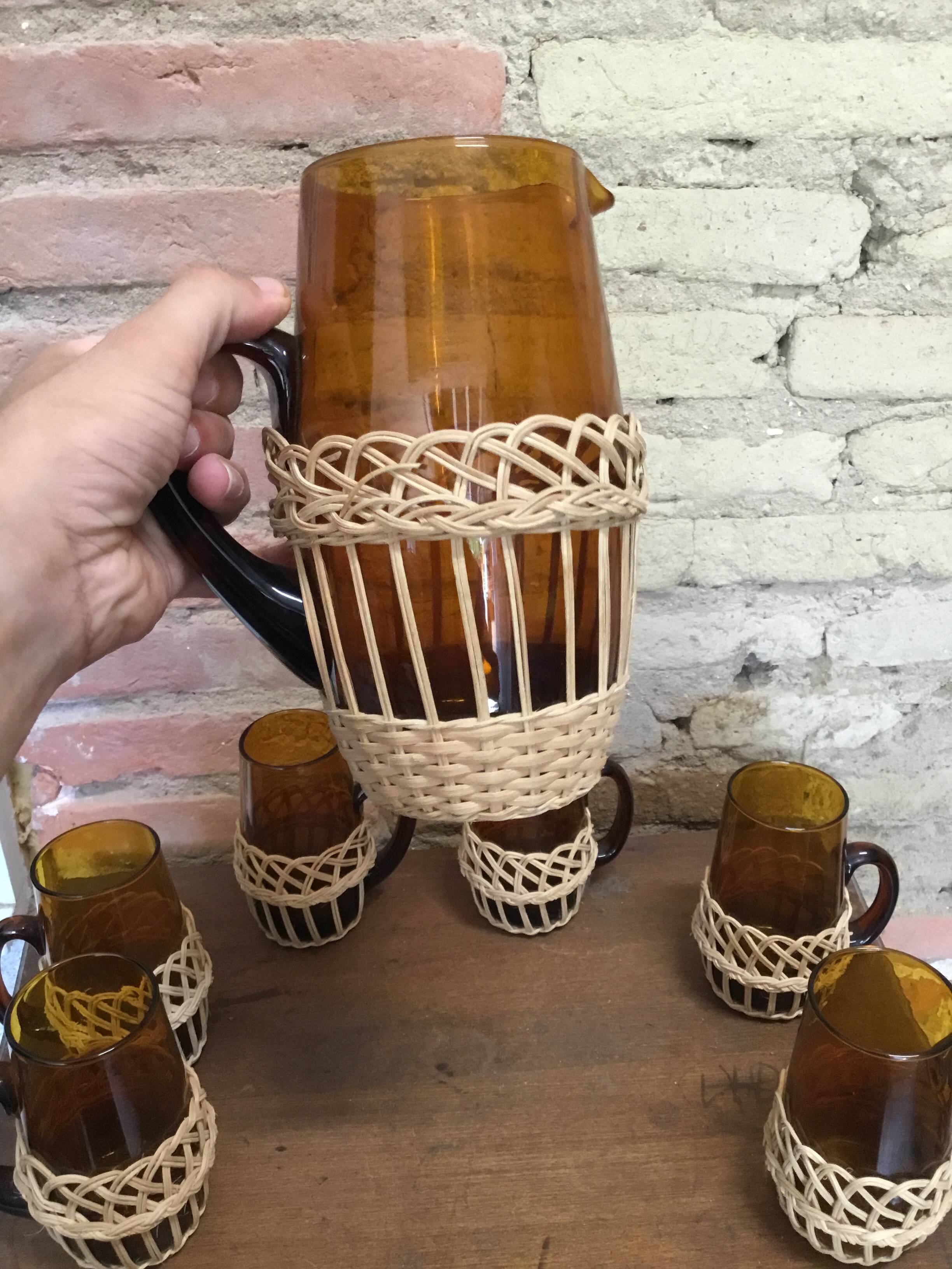Service a orangeade verre marron et osier