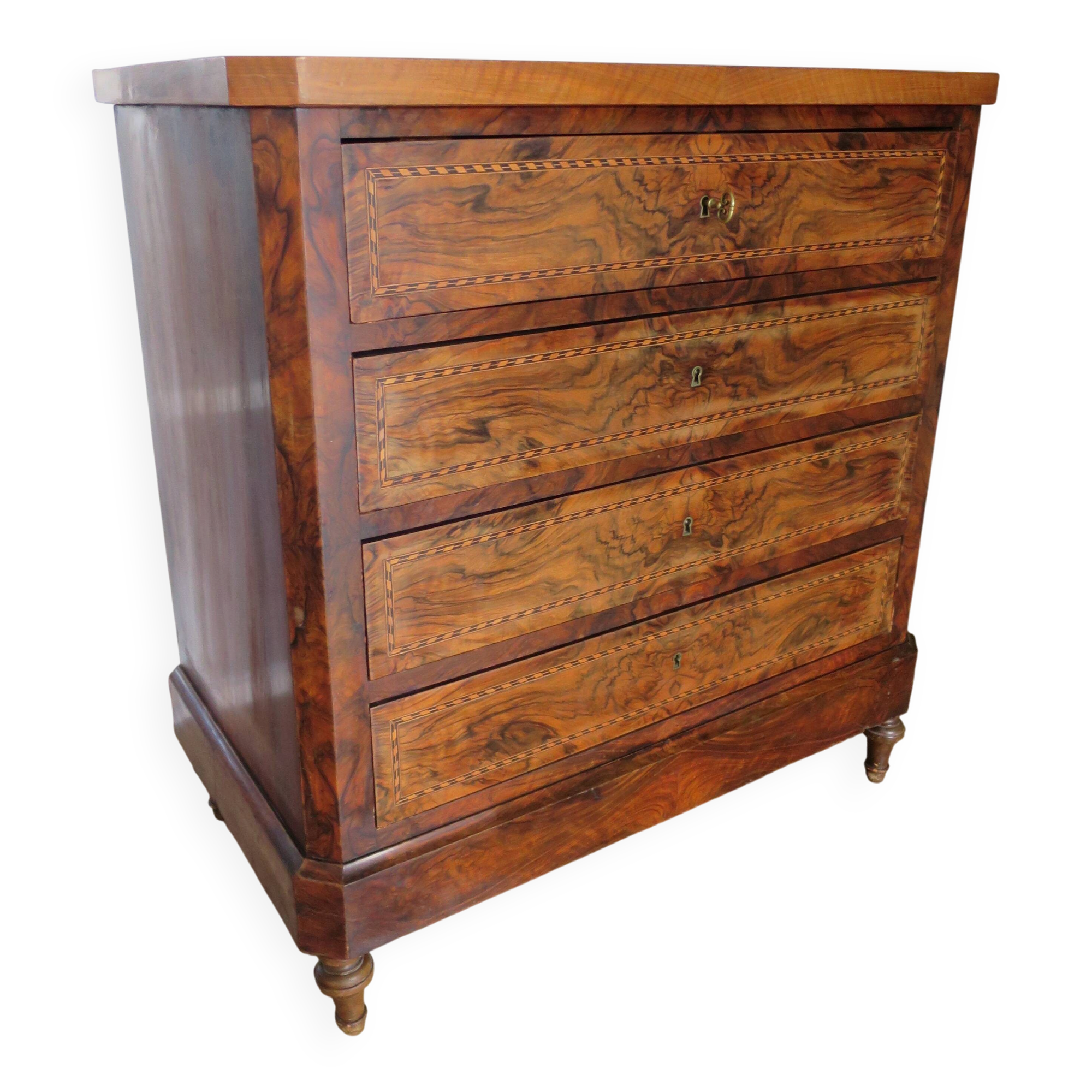 Antique oak burr chest of drawers - 4 drawers - marquetry inlay from the early 21st century