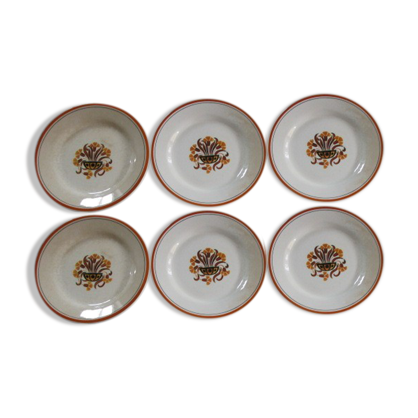 6 old art-deco flat plates in earthenware by Creil Montereau, model carnations