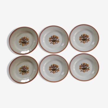 Set de 6 assiettes plates art-déco anciennes en faïence de Creil Montereau, modèle œillets