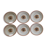 Set de 6 assiettes plates art-déco anciennes en faïence de Creil Montereau, modèle œillets