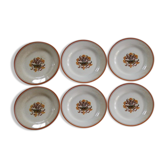 Set de 6 assiettes plates art-déco anciennes en faïence de Creil Montereau, modèle œillets