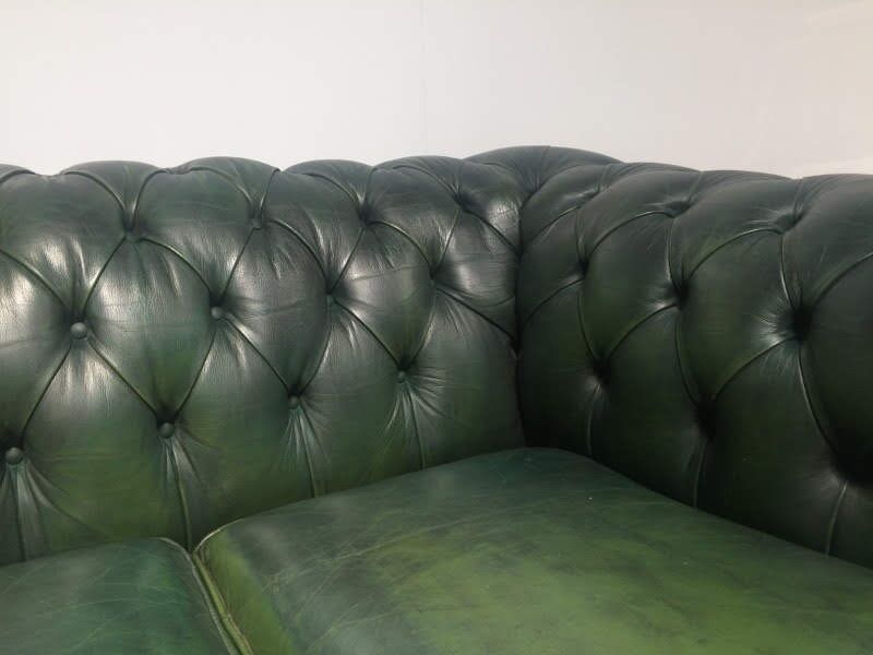 Vintage English green leather chesterfield sofa