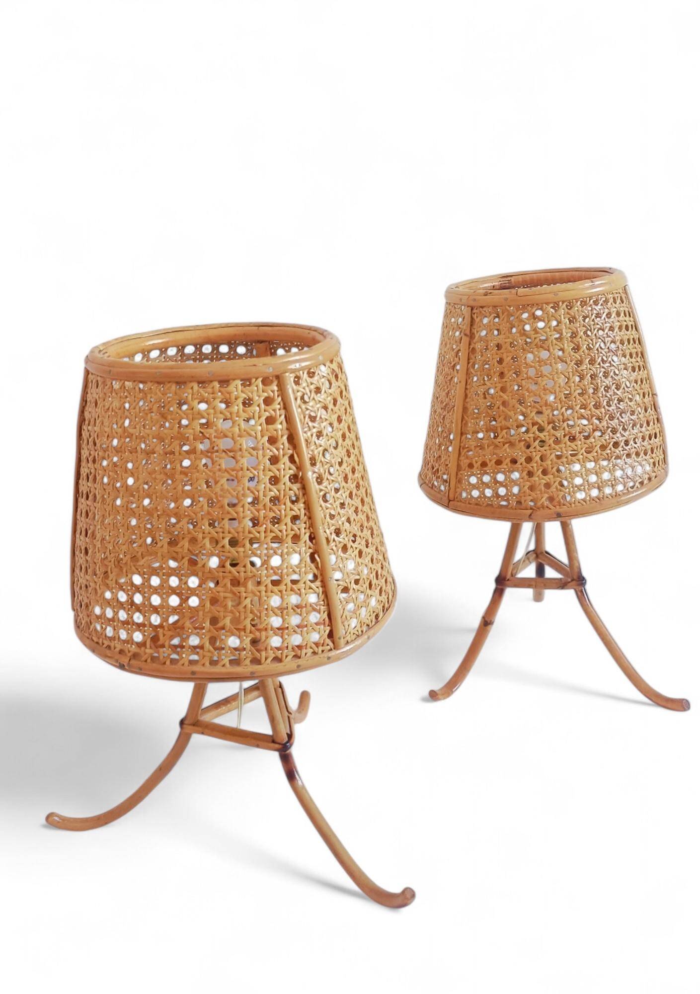 Mid-Century Bamboo and Cane Pair of Large Table Lamps By Louis Sognot, 1970s