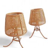 Mid-Century Bamboo and Cane Pair of Large Table Lamps By Louis Sognot, 1970s