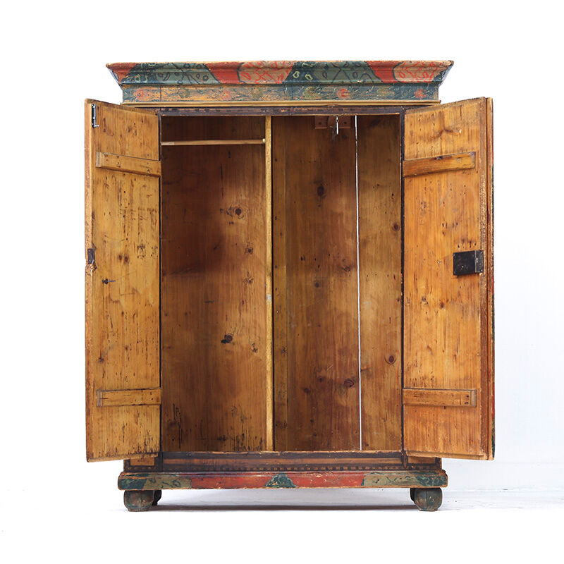 Antique Rustic Farmhouse Folk Art Painted Bridal Cabinet 1822