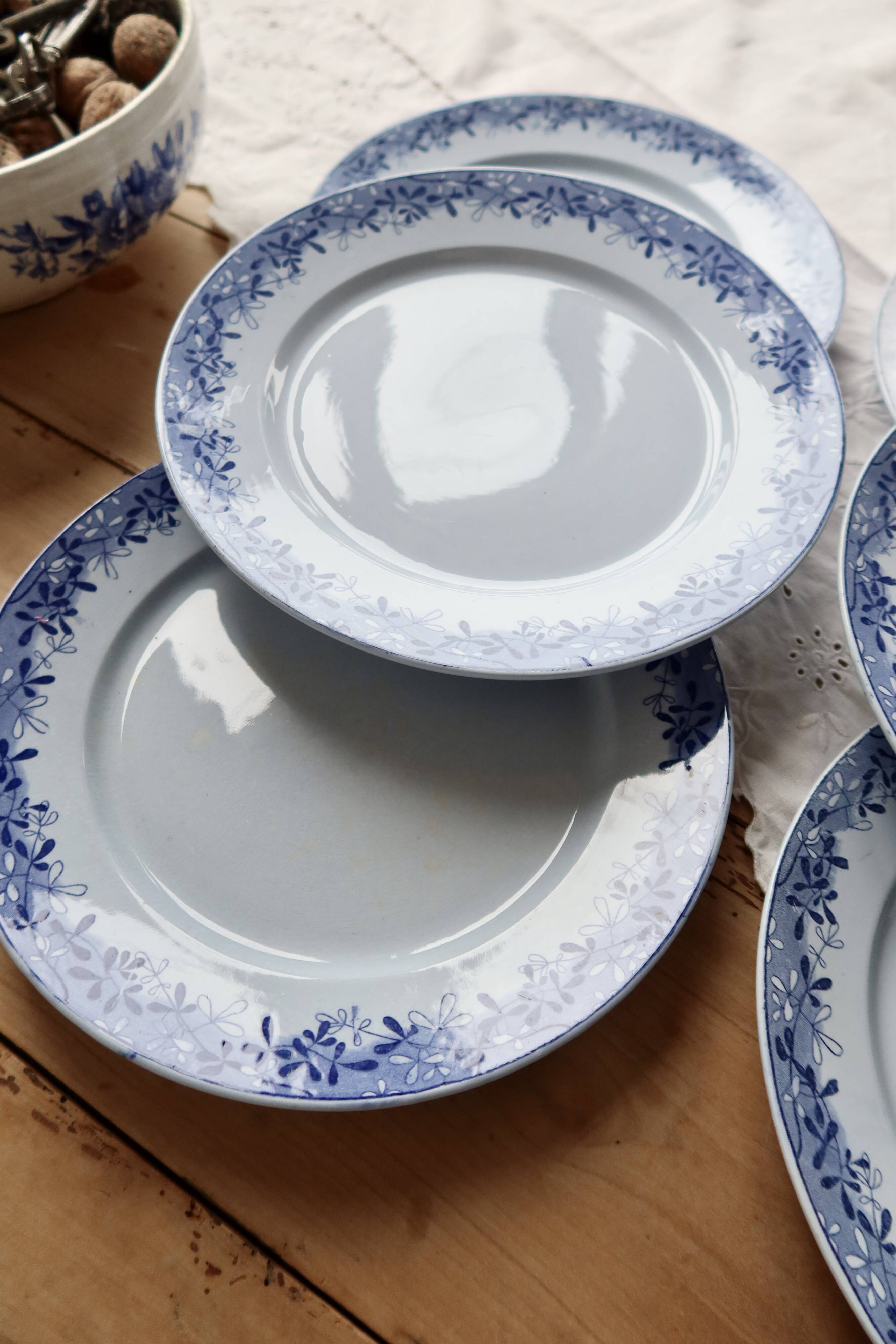 6 antique flat plates from Sarreguemines U&C in the Mimosa blue pattern.