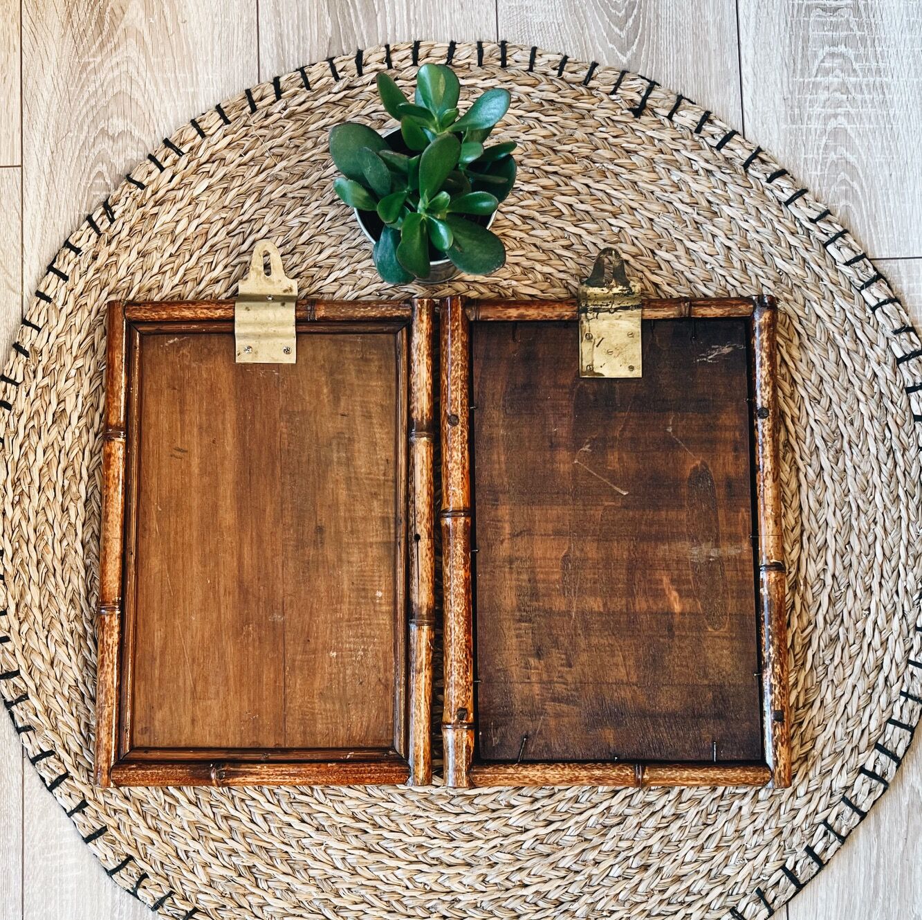Duo of beveled bamboo mirrors