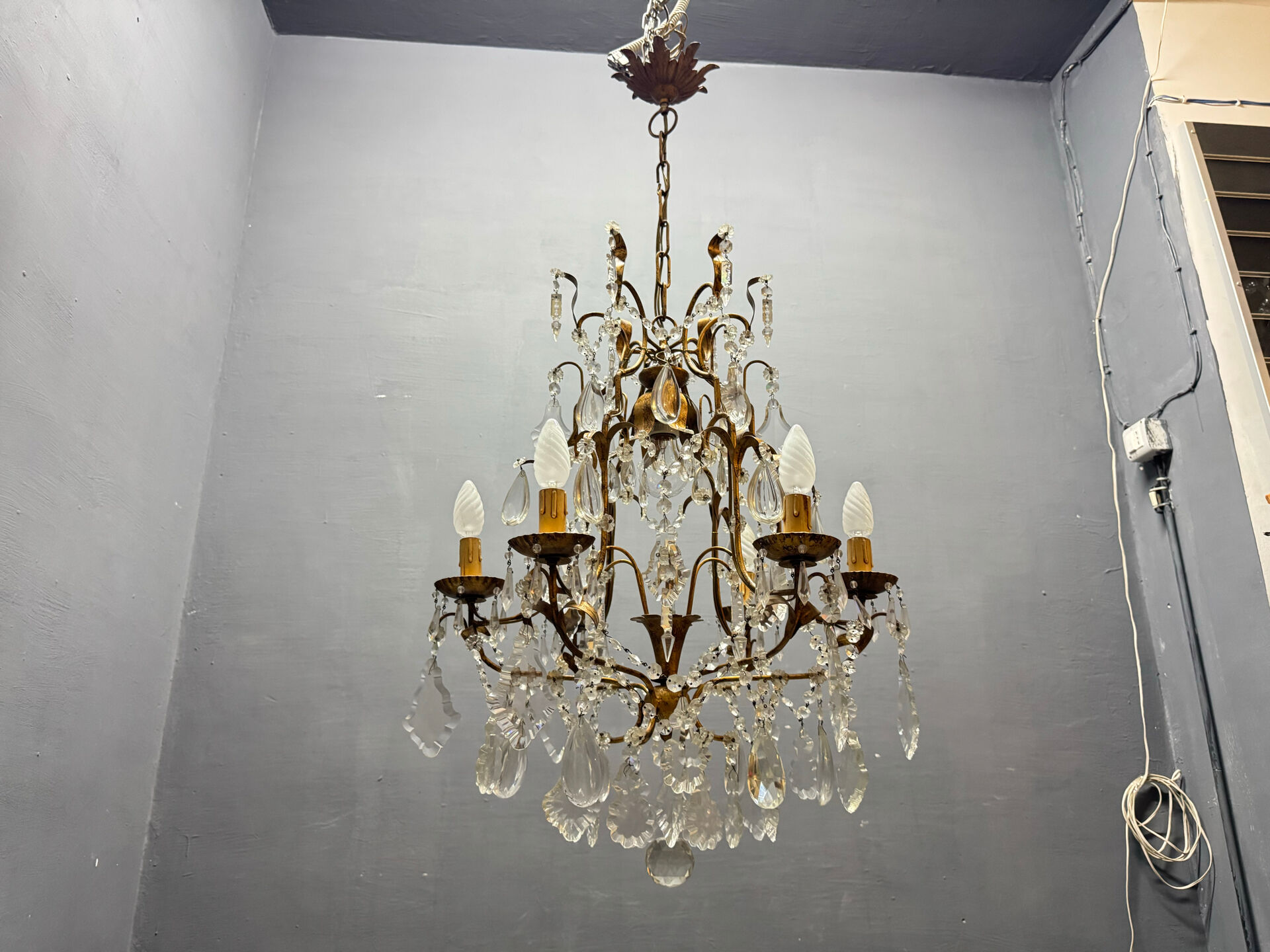 Large Gilded Florentine Tole and Crystal Chandelier, 1950s