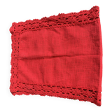 Linen and cotton table runner with vintage red crochet border