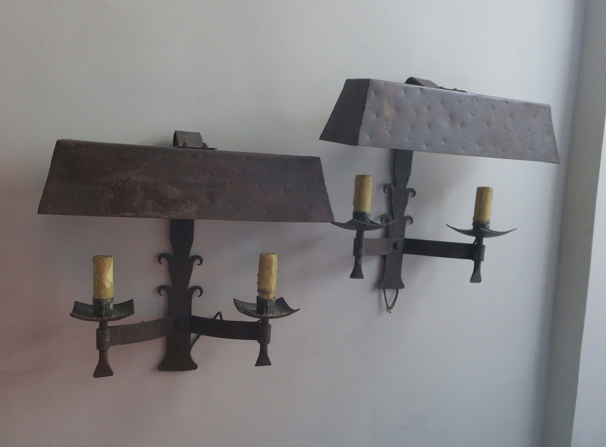 Pair of mid century patinated iron outdoor wall lights, 1960