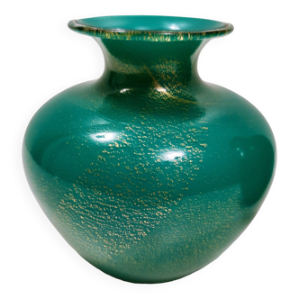 Vase Vintage en Verre Algue Vert avec Feuille d'Or par Tomaso Buzzi pour Venini