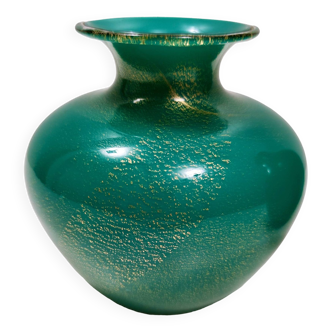 Vintage Green Cased Alga Glass Vase with Gold Leaf by Tomaso Buzzi for Venini