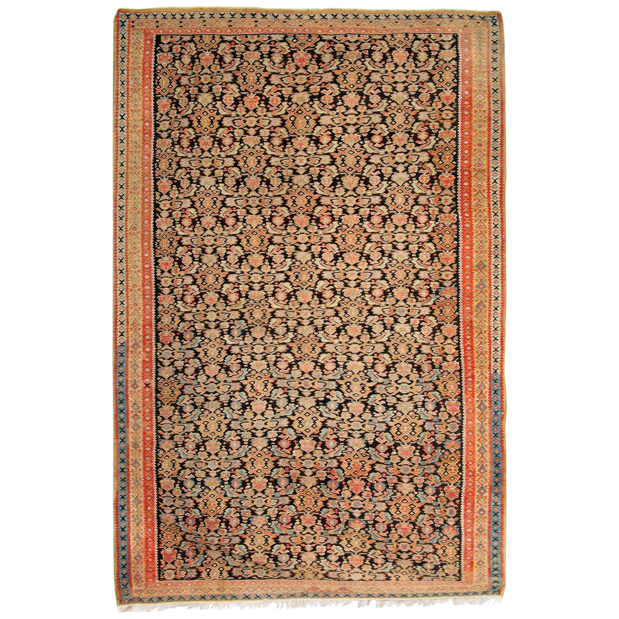 Rare Antique Rust Kilim Rug Floral Geometric Wool Carpet