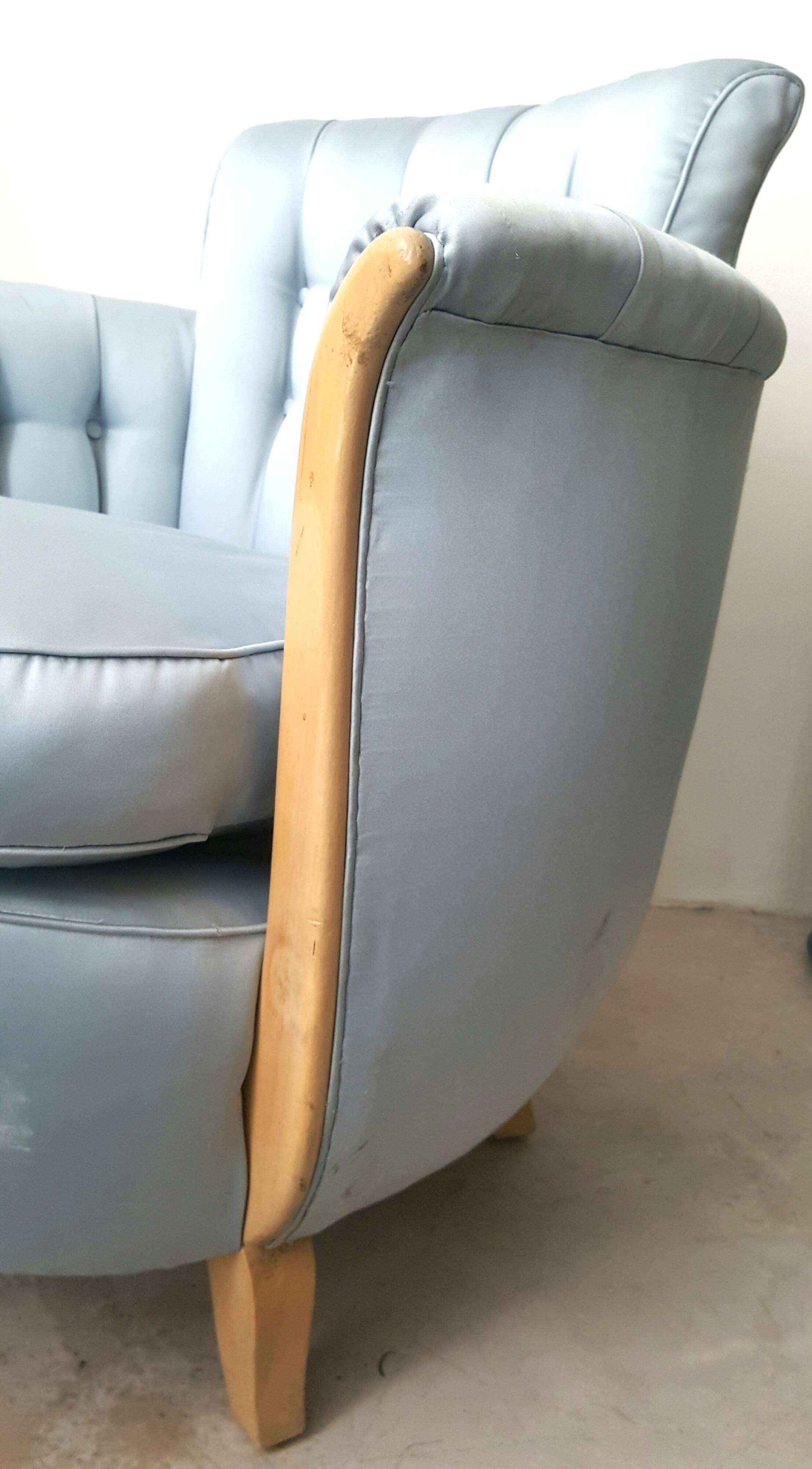 Cocktail chair bas corbeille in sycamore blond and blue silk - art deco 1930