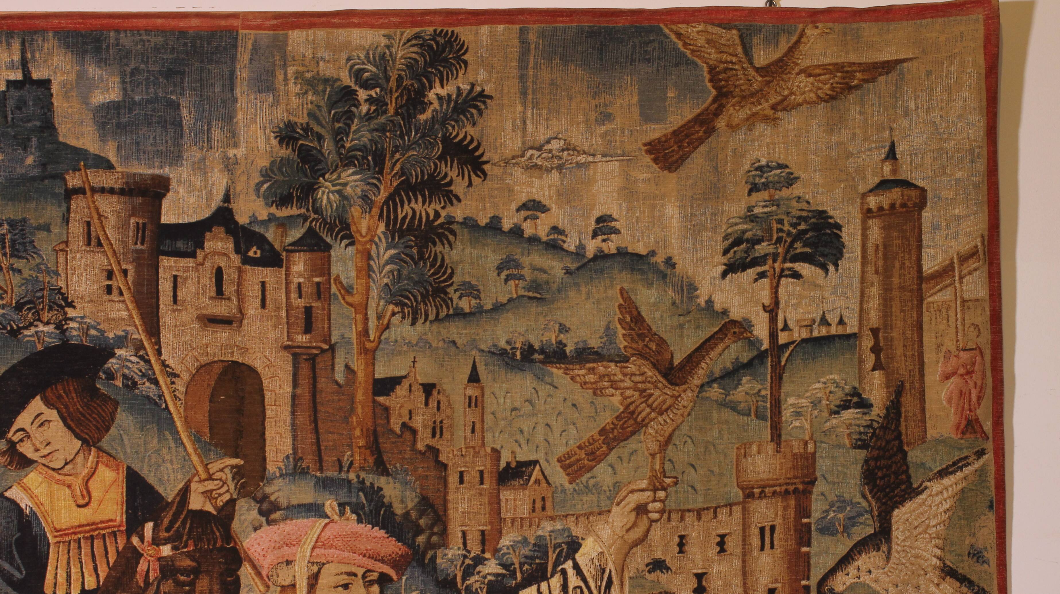 stencil tapestry - Gothic flamboyant falcon hunting scene - 19th century