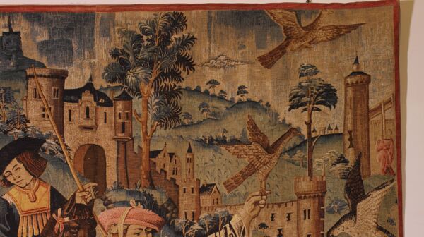 tapisserie au pochoir- scène de chasse au faucon gothique flamboyant- 19° s