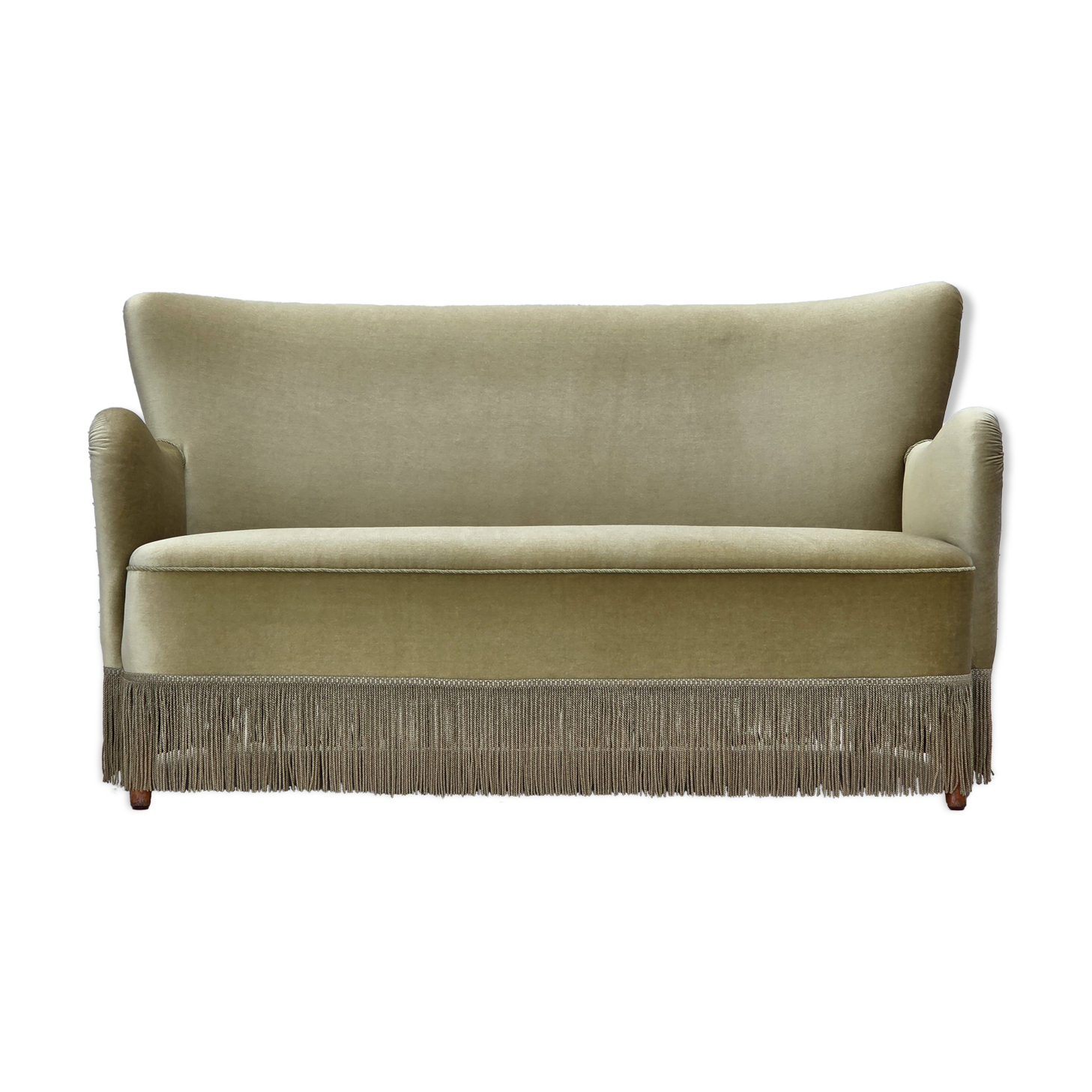 1960s, Danish 2-seater sofa, green furniture velour, beech wood legs.