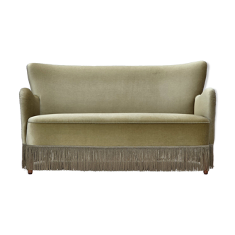 1960s, Danish 2-seater sofa, green furniture velour, beech wood legs.