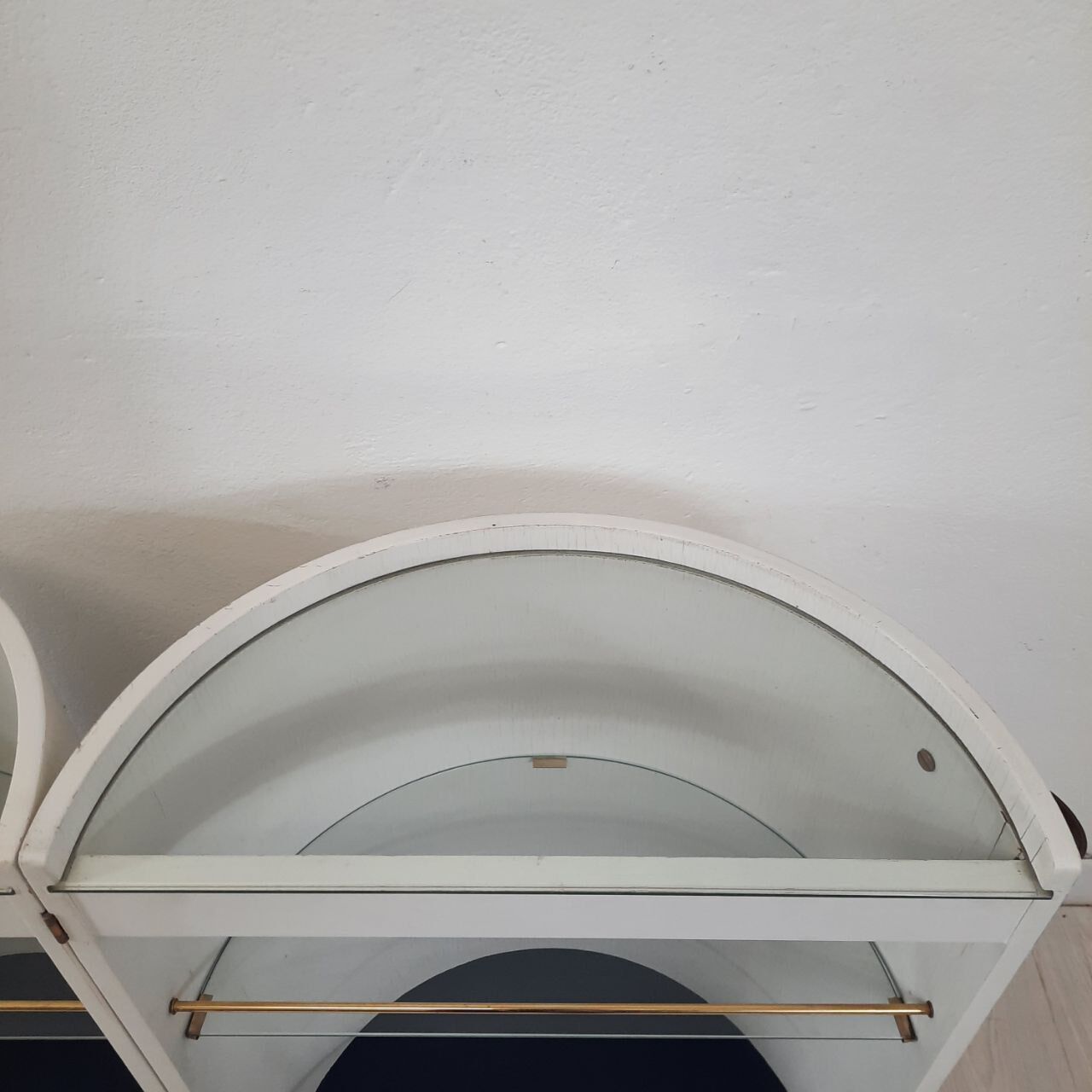 Vintage openable cylinder shaped bar cabinet, wood, brass and glass.