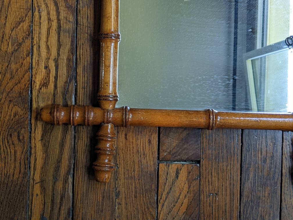 Vintage mirror with bamboo effect wood, country decor, flea market, chain