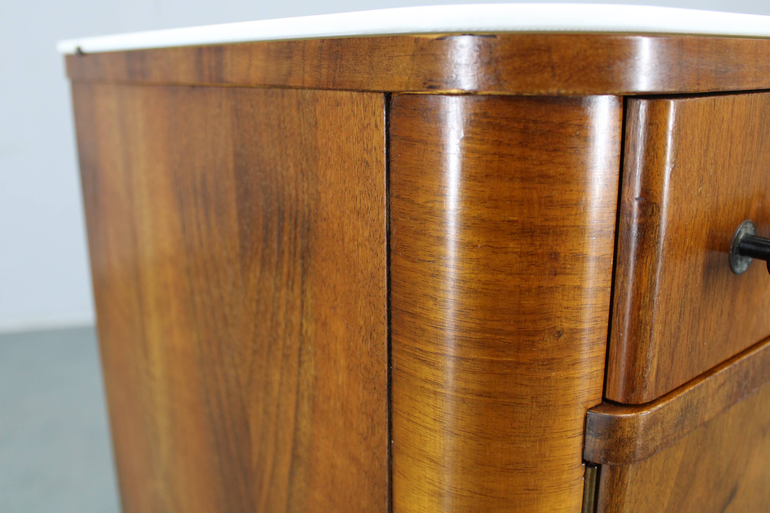 1940s night stand in walnut finish with glass top, Czechoslovakia