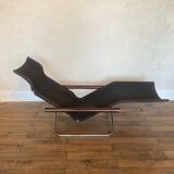 Folding chaise longue model "NY" in chrome metal, wood and fabric by Takeshi NII