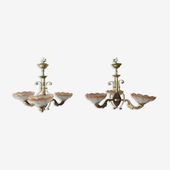 Pair of bistro chandeliers, decorated metal and pressed glass cups. Good general condition, no shine