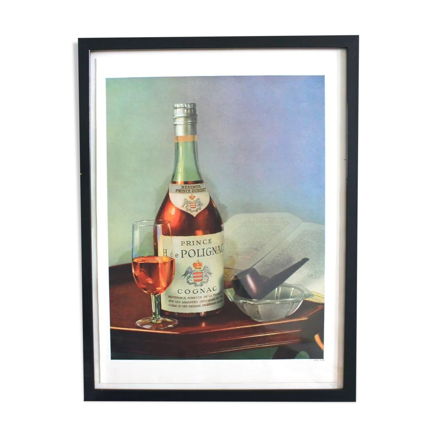 Cognac Polignac and pipe vintage original advertising poster 1950s