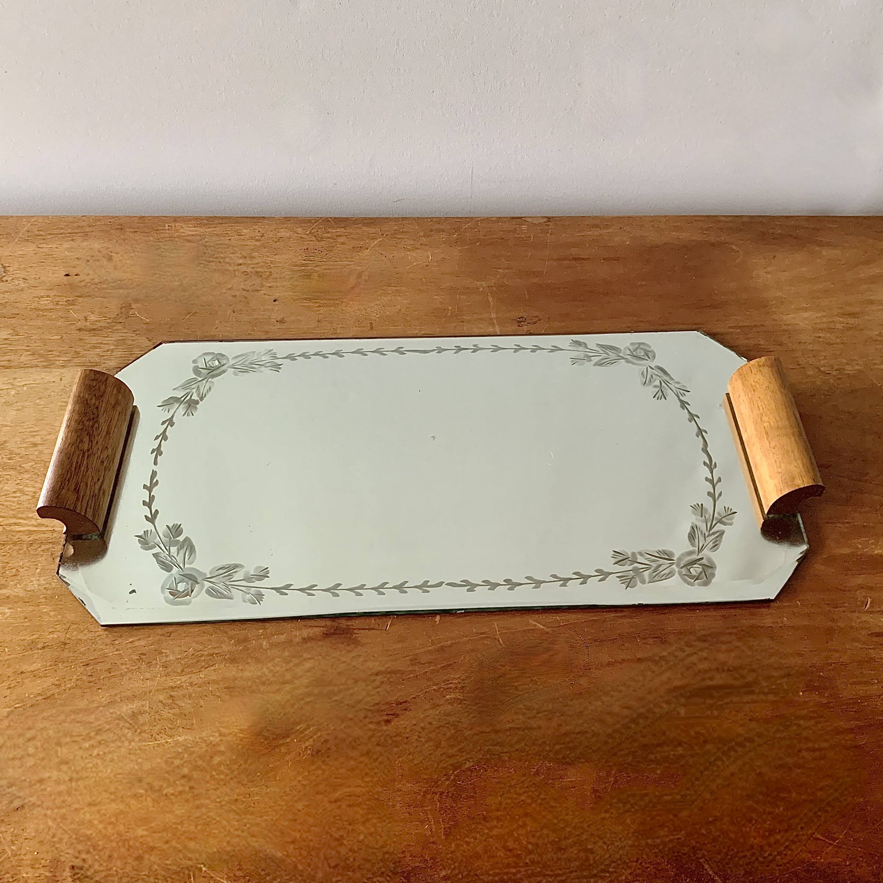 Art Deco mirrored tray with wooden handles