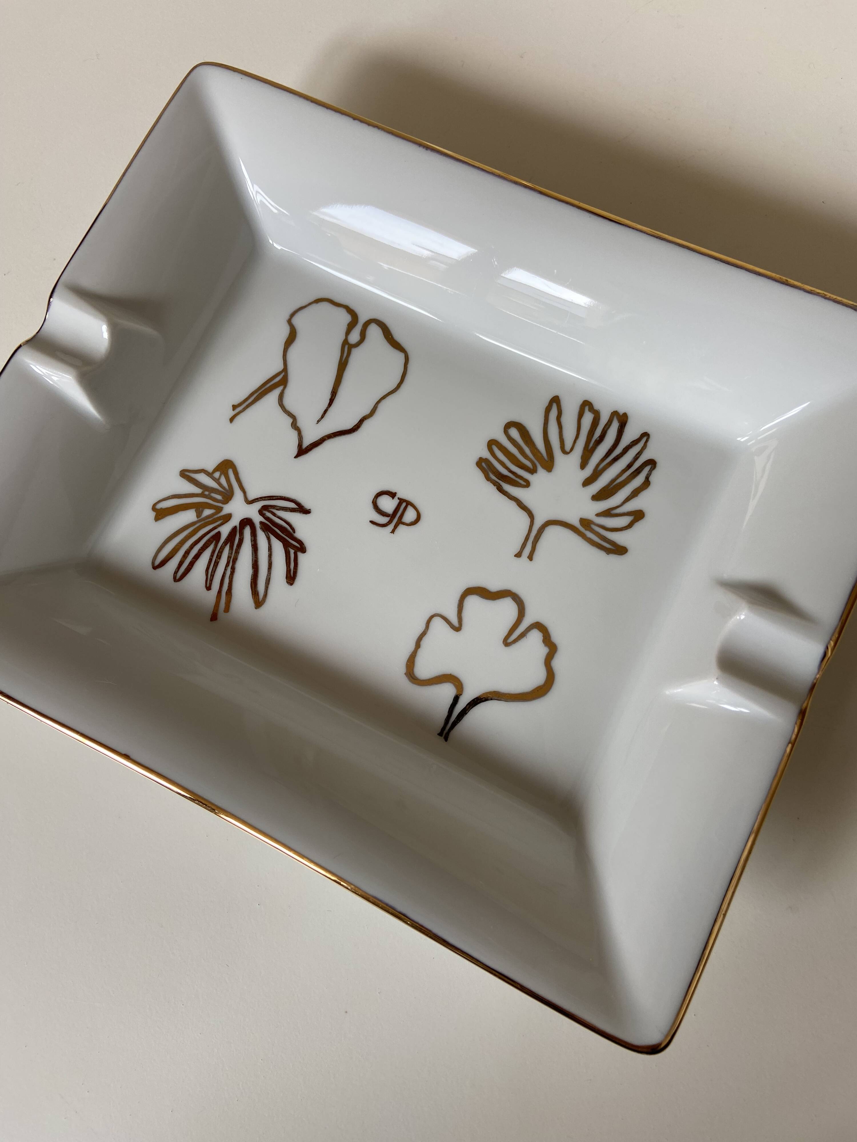 Old rectangular Limoges Porcelain Ashtray: Leaf designs signed GP