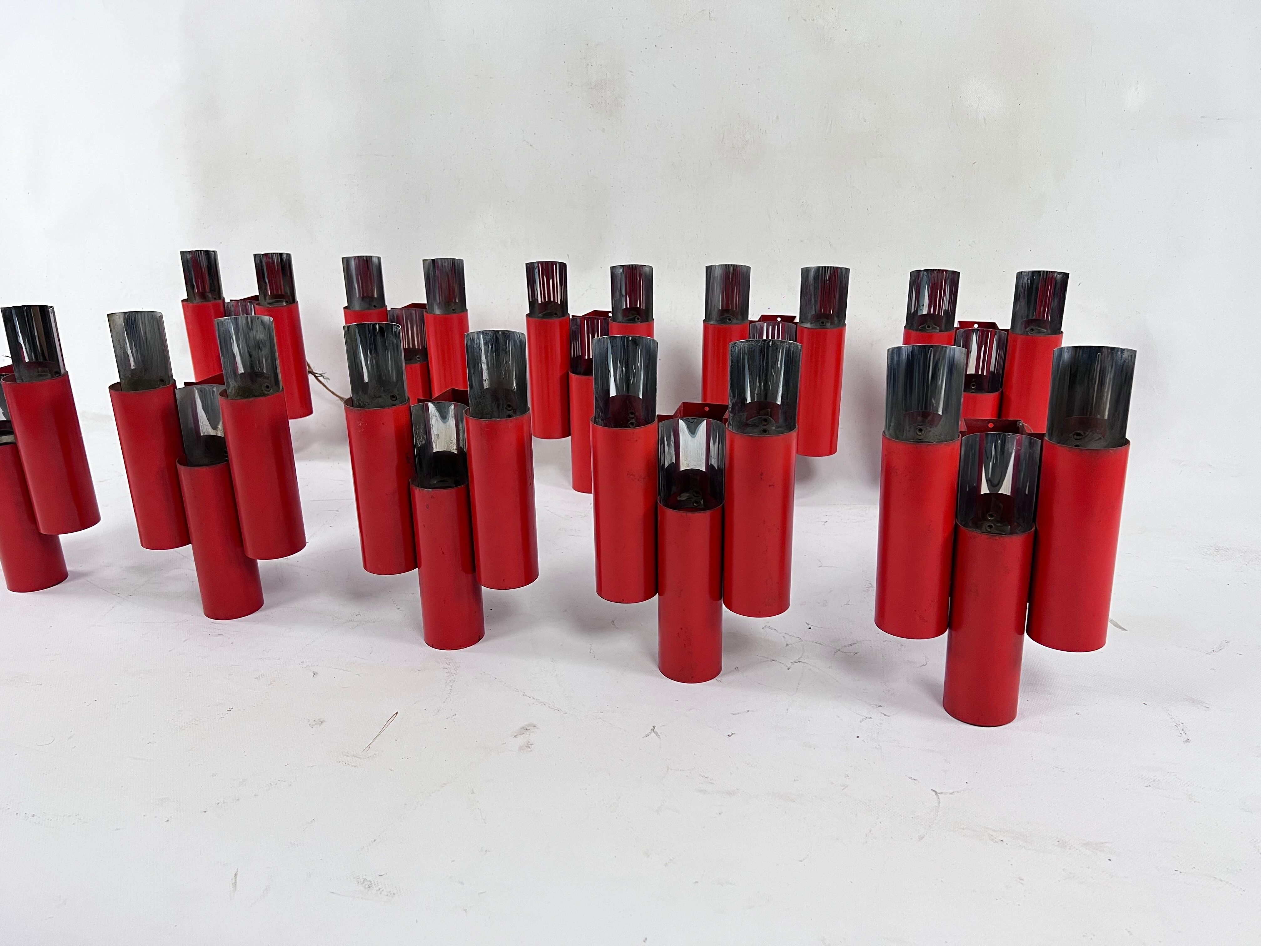 Set of 10 mid-century red and chrome wall lamps by Stilnovo, Italy 1970s