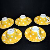 Set of 5 vintage yellow polka dot earthenware cups from Sarreguemines Digoin 1940-1950