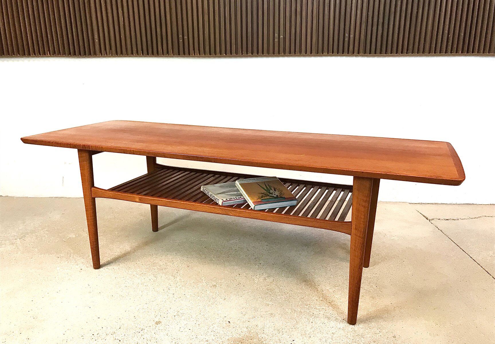 Scandinavian teak coffee table with slatted shelf, Denmark 1960s