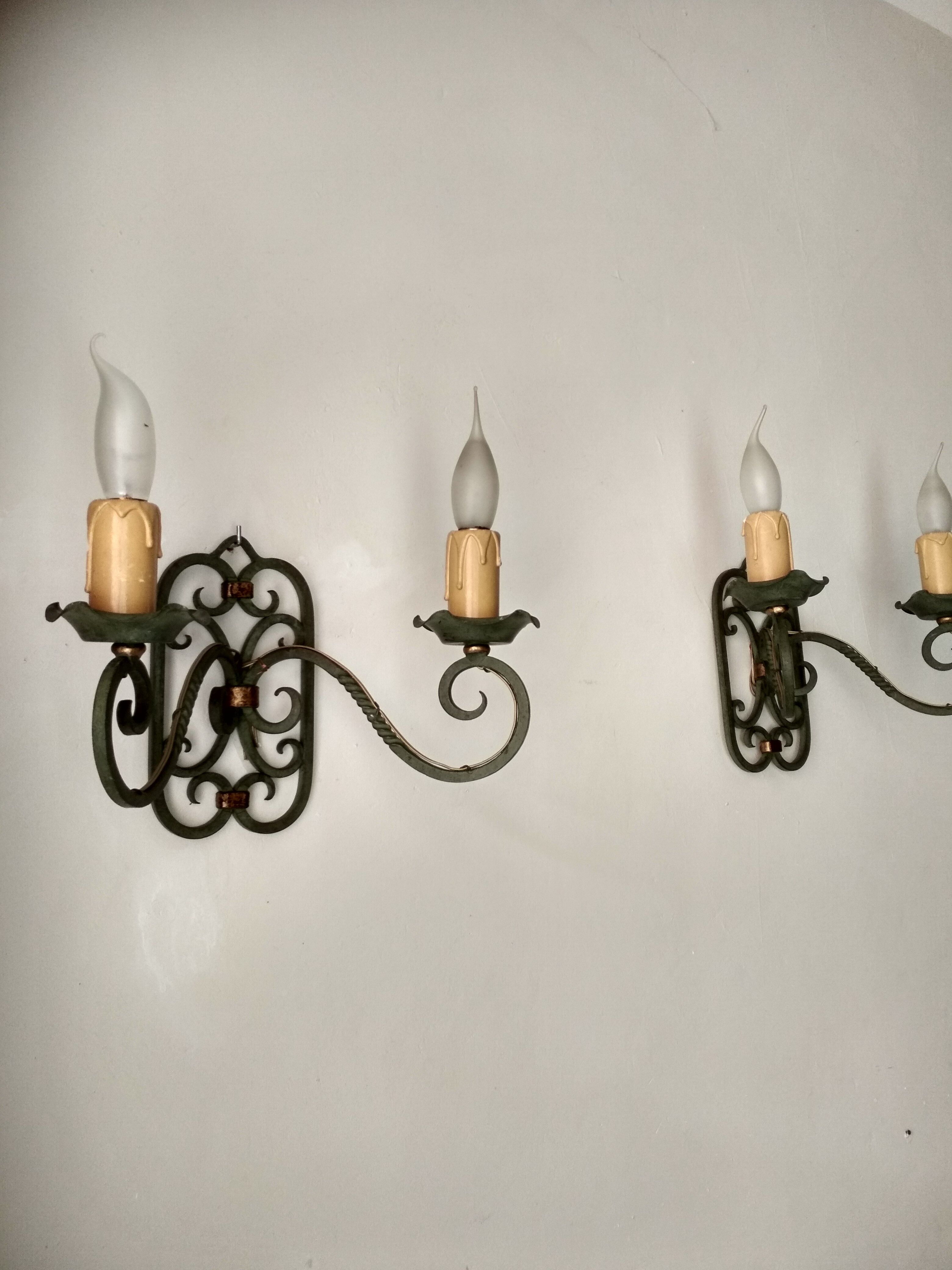 Pair of old wrought iron sconces patina green and gold - 2 lights