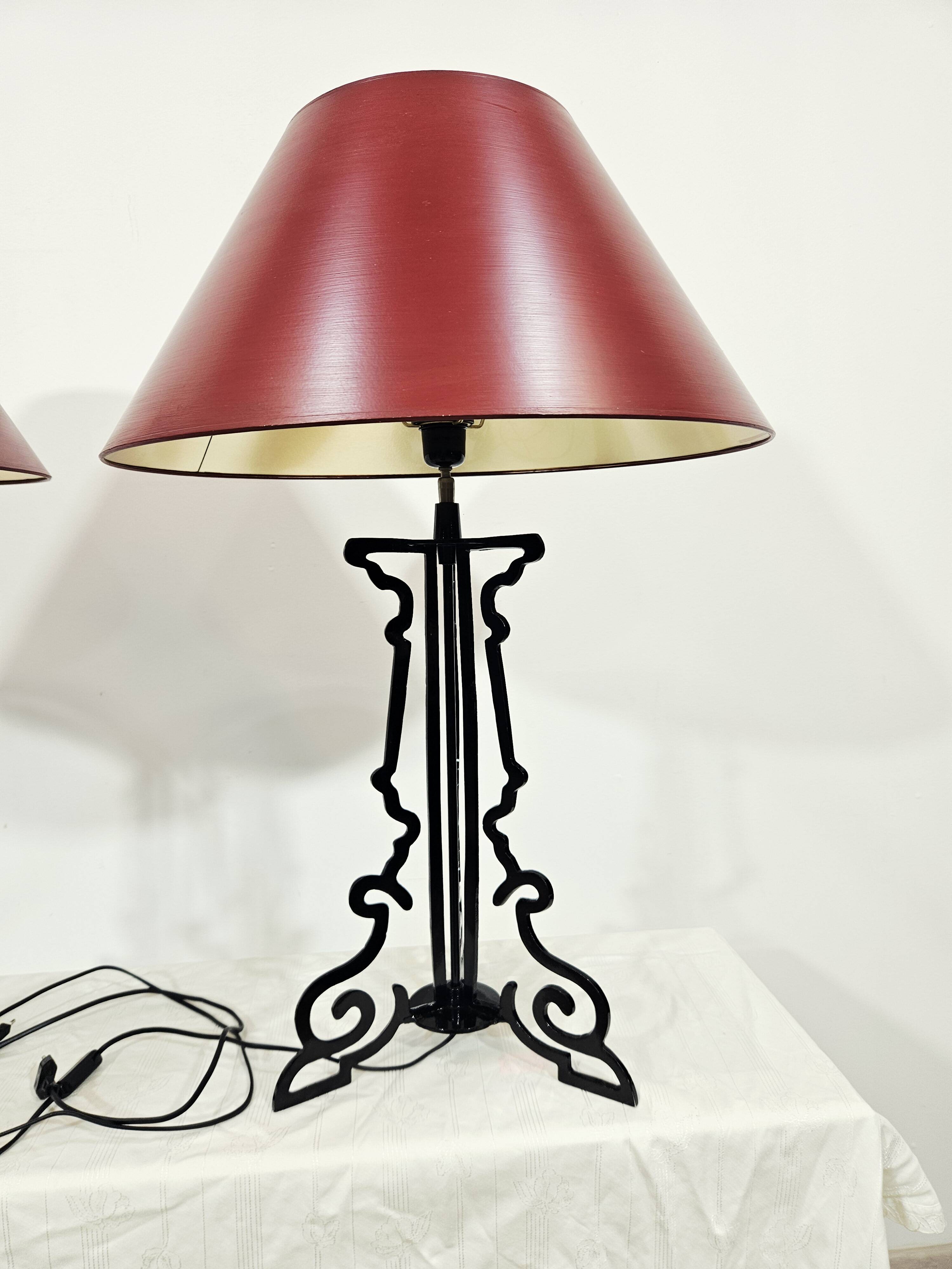 Paire Unique de Lampes de Table/Art Déco/Vintage – Bourgogne et Or/Années 1980