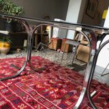 Vintage dining table chrome legs and smoked glass 1970