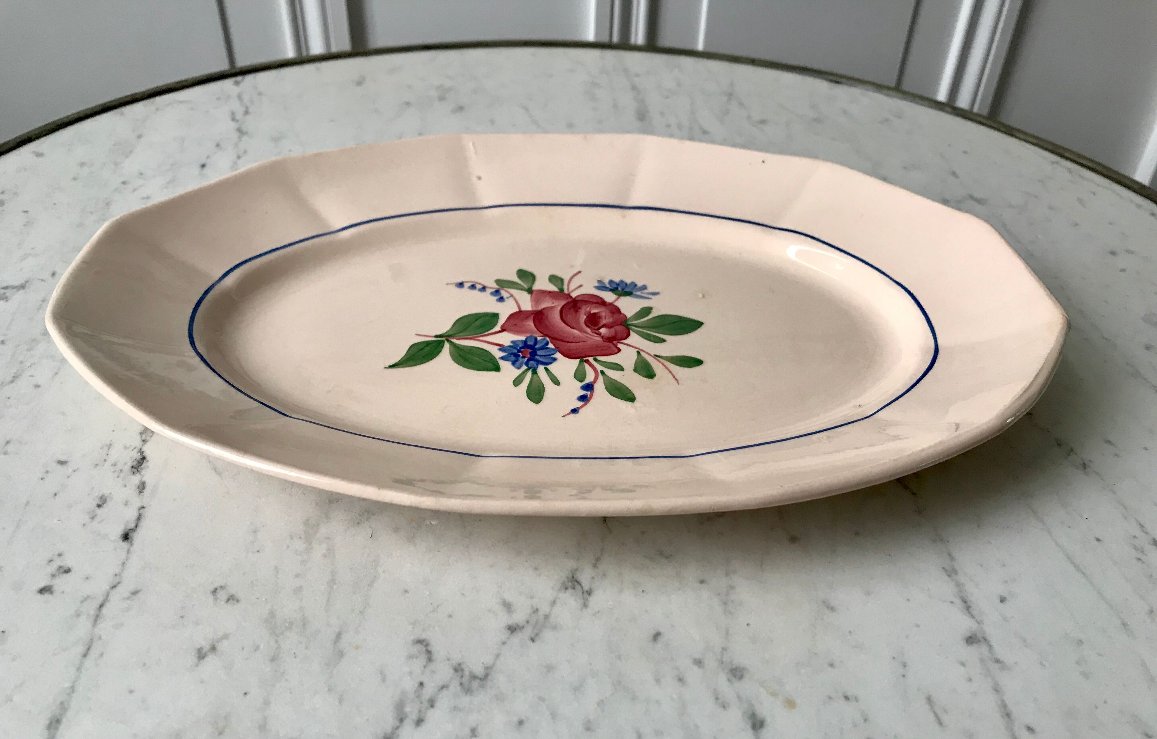 Pale pink oval dish and flowers digoin sarreguemines 30s-40s