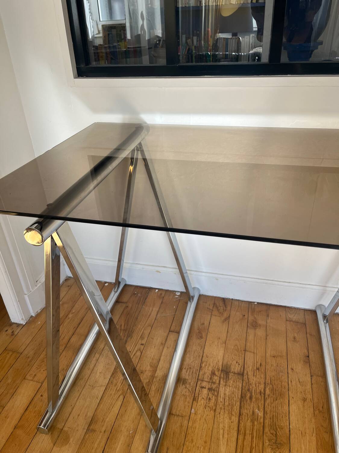 Smoked glass and chrome metal desk by Milo Baughman for Rochebobois