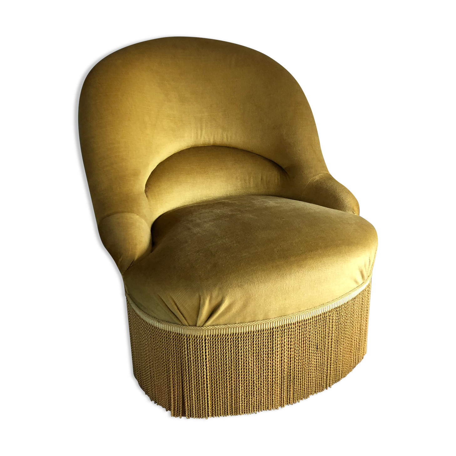 Fauteuil crapaud à franges vintage
