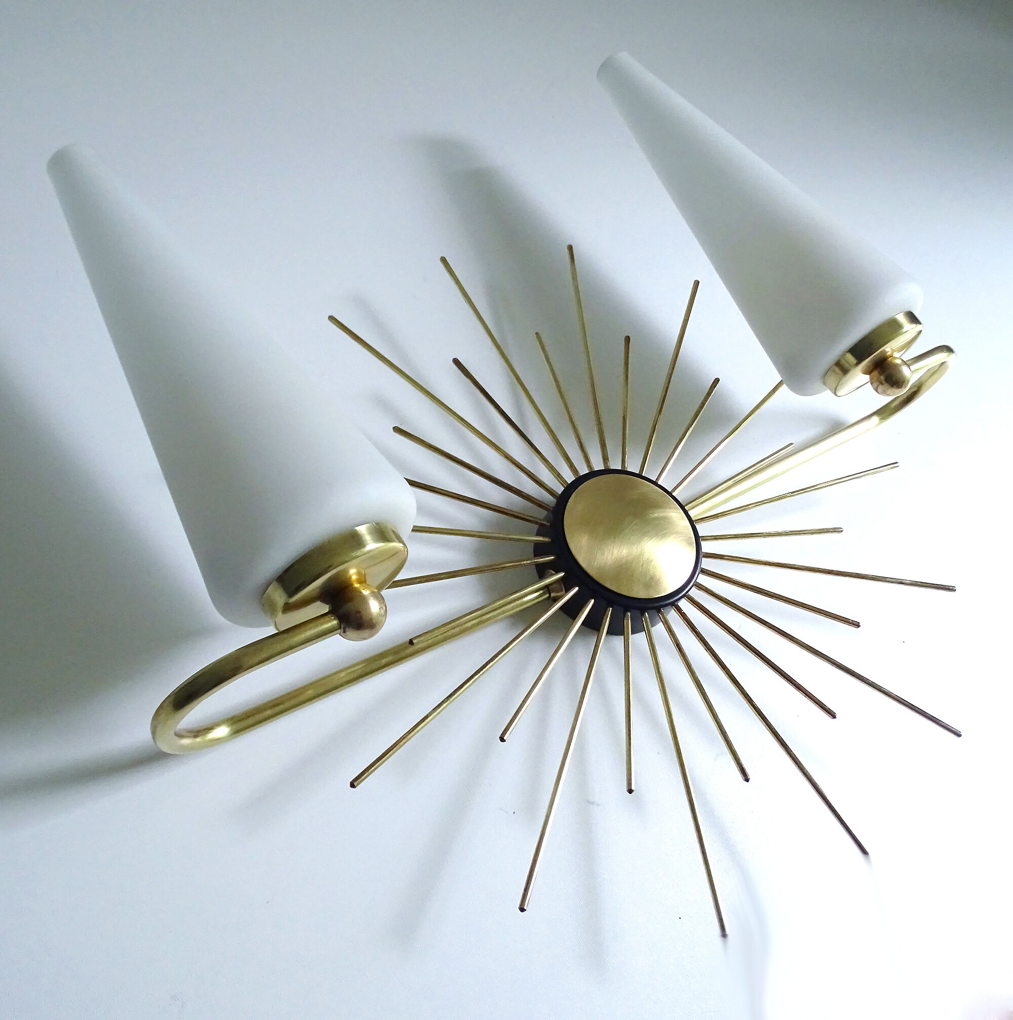 Pair of vintage sconces, sun, glass and brass, 60s