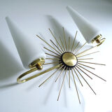 Pair of vintage sconces, sun, glass and brass, 60s