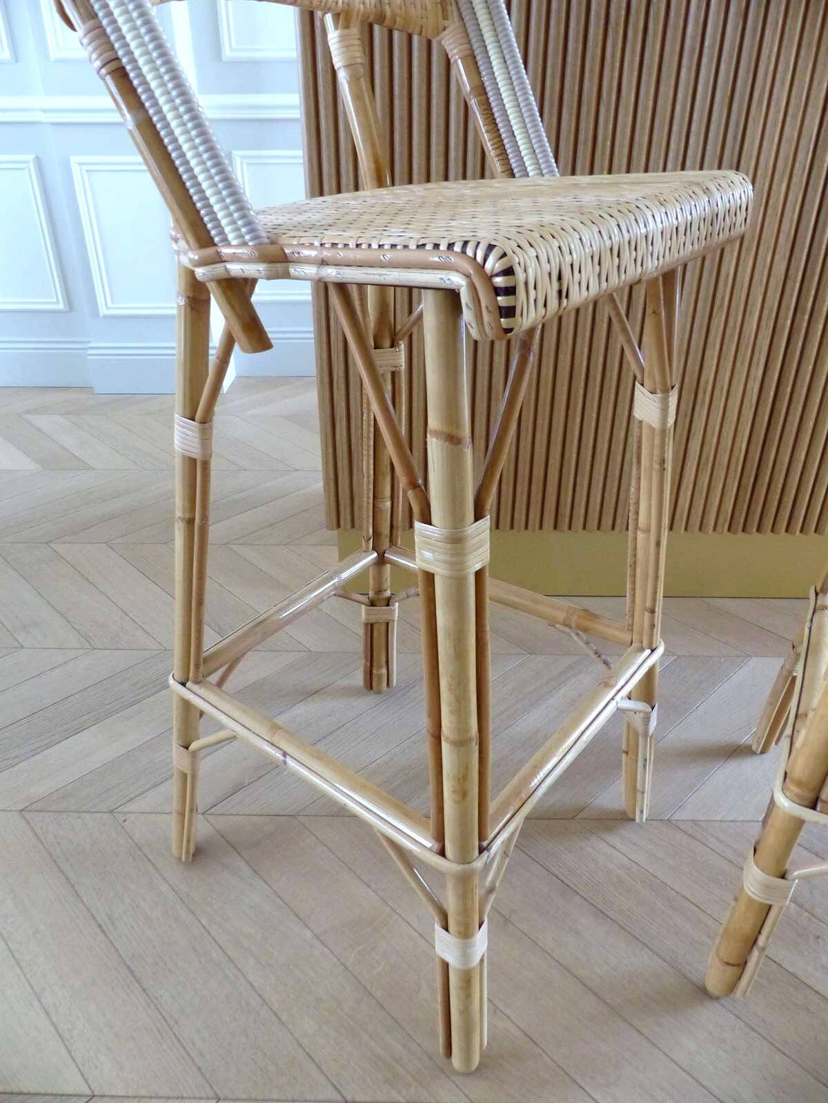 Lot of 3 Maison Louis Drucker light Manila rattan bistro high chairs.