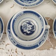 Set of 8 tea cups and sub-cups décor blue Asian landscape