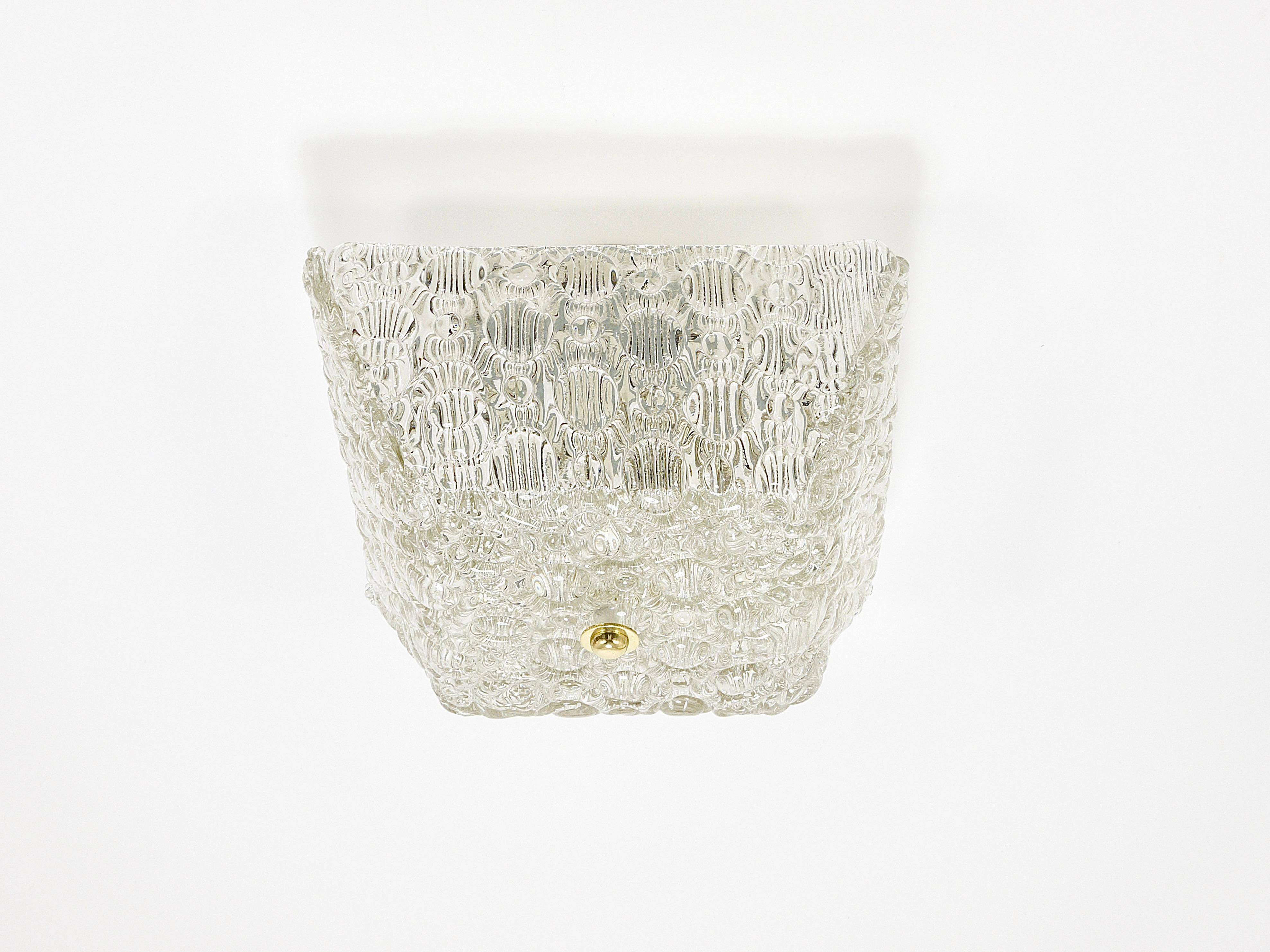 J.T. Kalmar Square Applique Ceiling Light in Brass and Textured Glass, 1950s