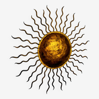 Applique soleil brutaliste, métal doré à la feuille d'or, Italie, 1970