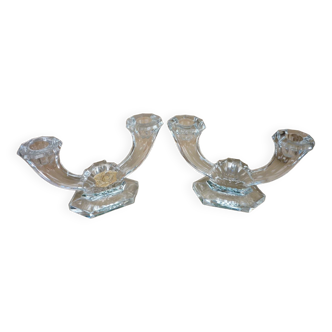 Pair of double crystal candle holders Val St Lambert 30s